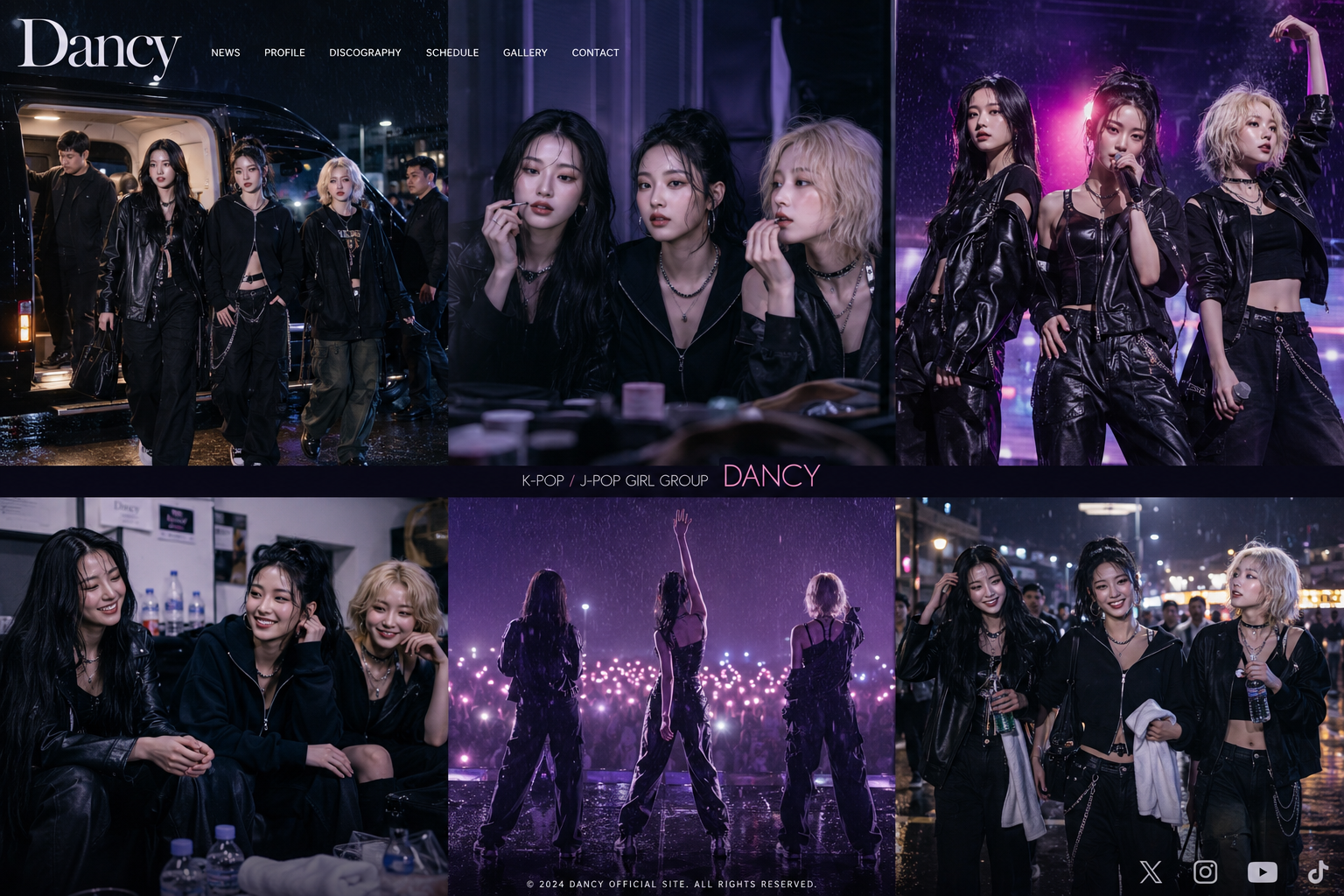 雨の夜にライブ会場へ到着してからステージを終えるまでのDancyのフォトコラージュ